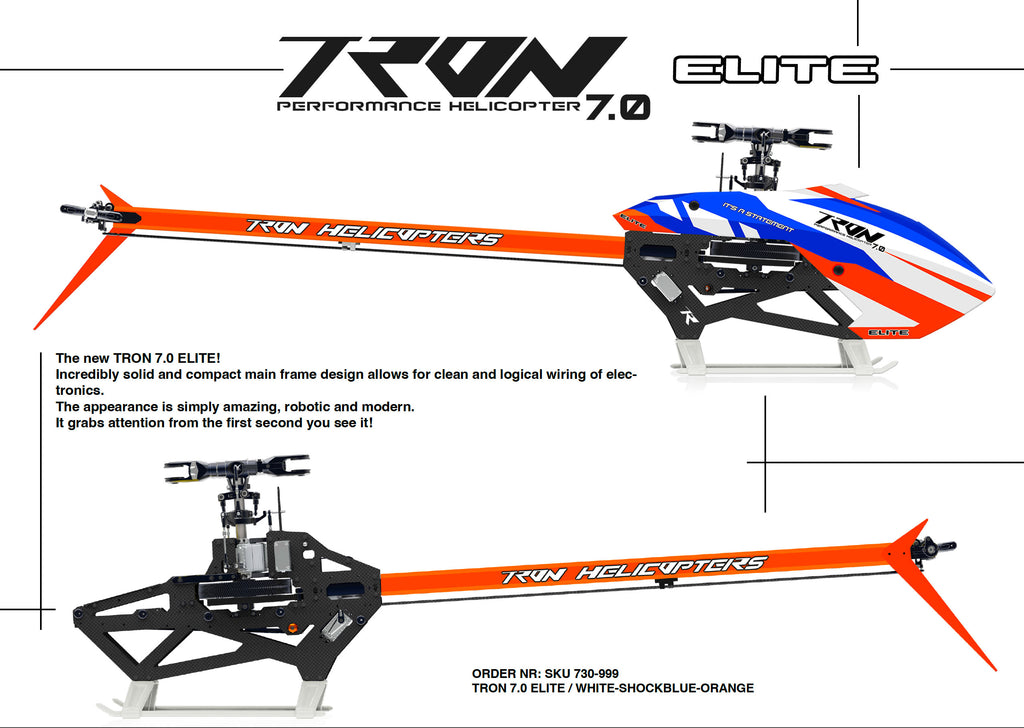 Tron 7.0 Elite Helicopter Kit (Without Blades) - White/Shock Blue/Orange